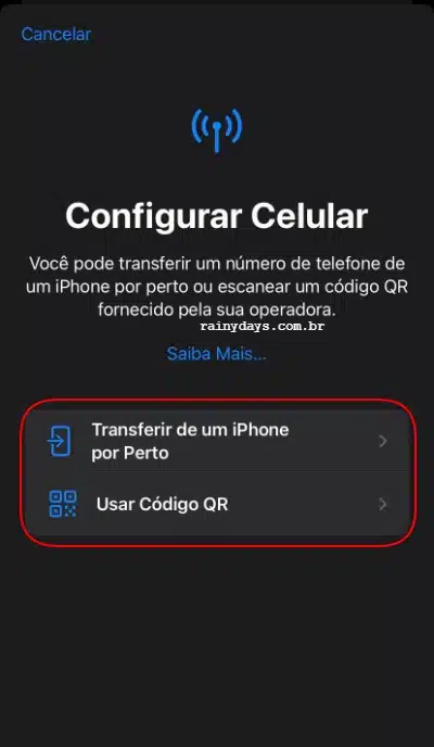 Configurar celular transferir de iPhone ou usar código QR, para pagar eSIM do iPhone