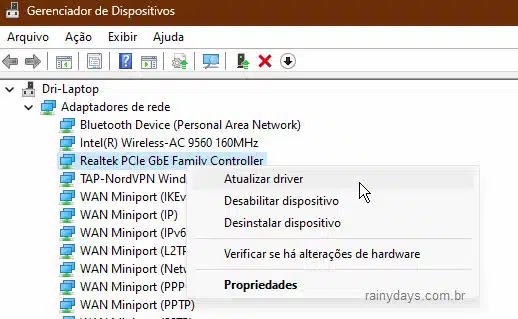 Atualizar driver do Adaptador de Rede a cabo Gerenciador Dispositivos Windows