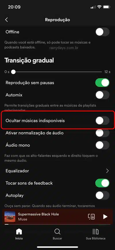 Configurações Reprodução Ocultar músicas indisponíveis desativado app Spotify