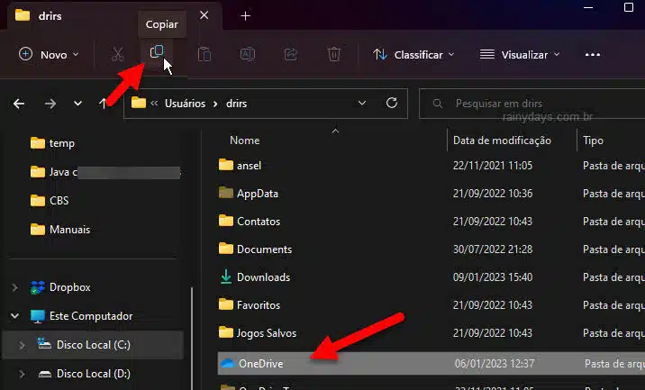 Copiar pasta do OneDrive no Windows 11 para mover pasta