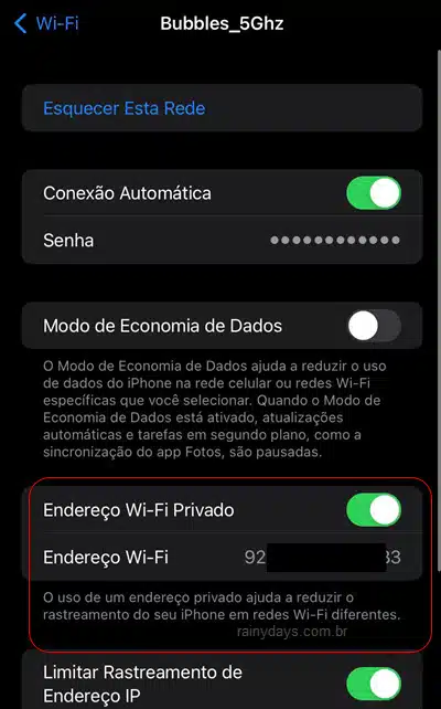 Endereço Wi-Fi privado endereço MAC aleatório conexão iPhone
