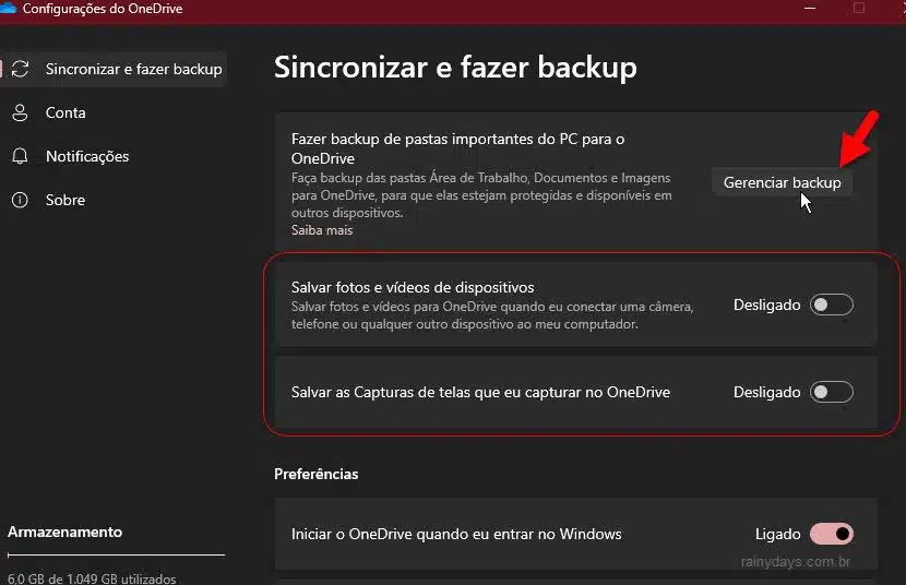 Sincronizar e fazer backup Configurações OneDrive gerenciar backup