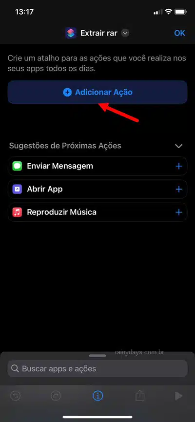 Adicionar Ação Atalho Extrar RAR app atalhos iPhone