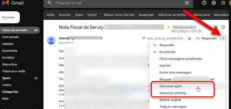 Denunciar spam ou phishing no Gmail