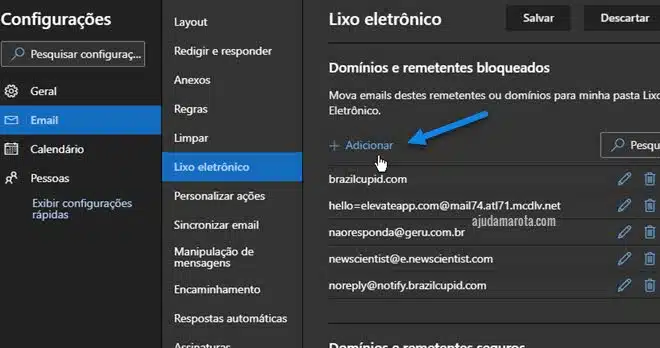 Bloquear remetente de e-mail nas configurações do Outlook web