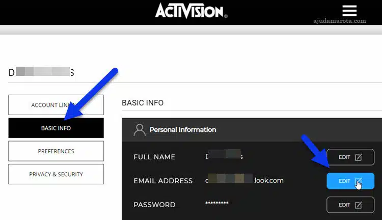 Como trocar senha ou email da Activision