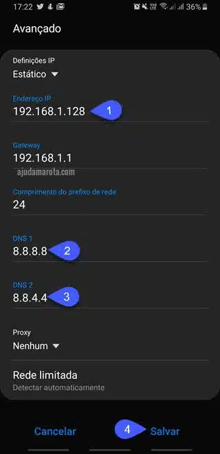 Como usar DNS do Google no Android configurações WiFi