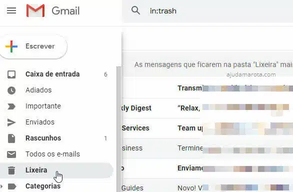 Lixeira recuperar email do Gmail excluído