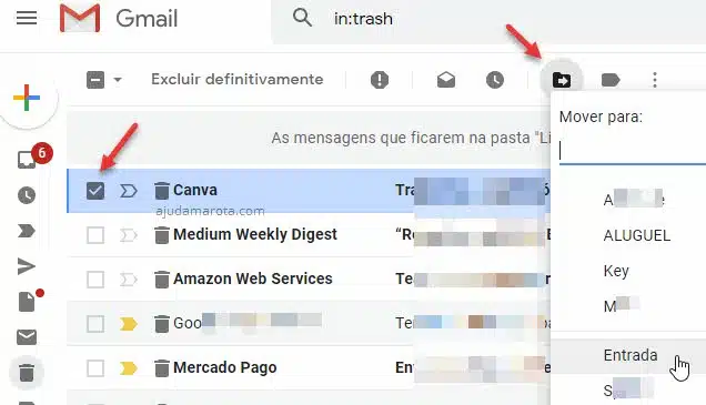Mover email da lixeira para caixa de entrada do Gmail