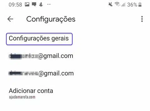 Configurações gerais do app Gmail Android