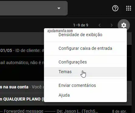 engrenagem configurações temas do Gmail