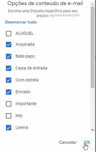 Etiquetas do Gmail para backup mensagens com Google Takeout