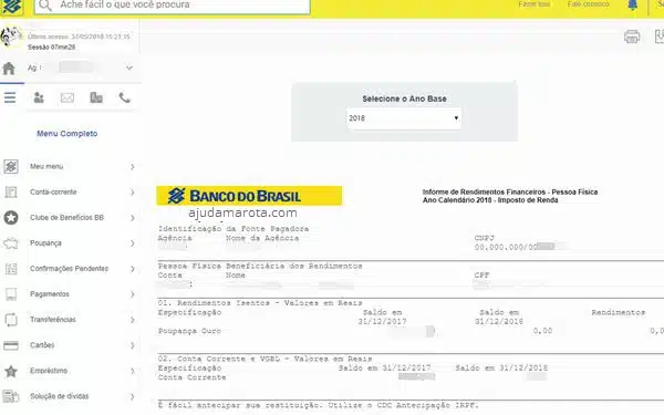 Informe de rendimentos do Banco do Brasil pelo site