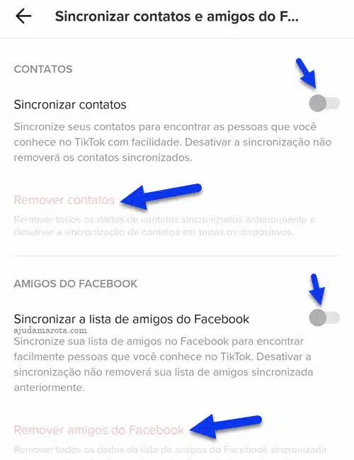 Não sincronizar contatos e amigos do Facebook com TikTok