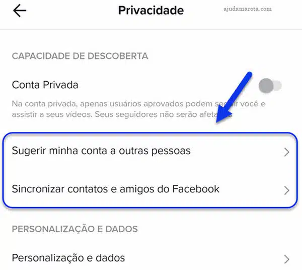 TikTok privacidade, Sugerir minha conta, Sincronizar contatos amigos Facebook