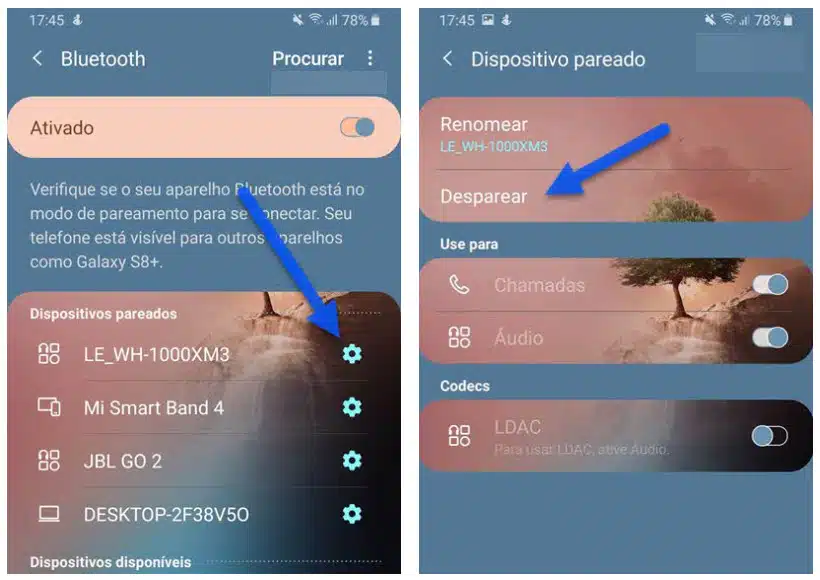 Configurações Bluetooth úcone de engrenagem dispositivos pareados