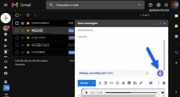 Como enviar notas de áudio no Gmail, recados de voz