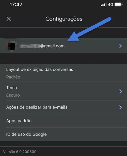 configurações conta de email app Gmail