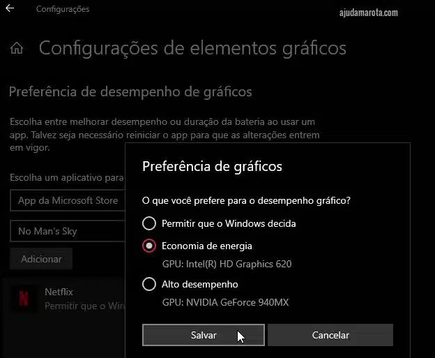 Configurações de elementos gráficos de programa, app, Economia de Energia ou Alto Desempenho