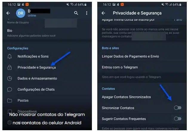 Como não mostrar contatos do Telegram nos contatos do celular Android