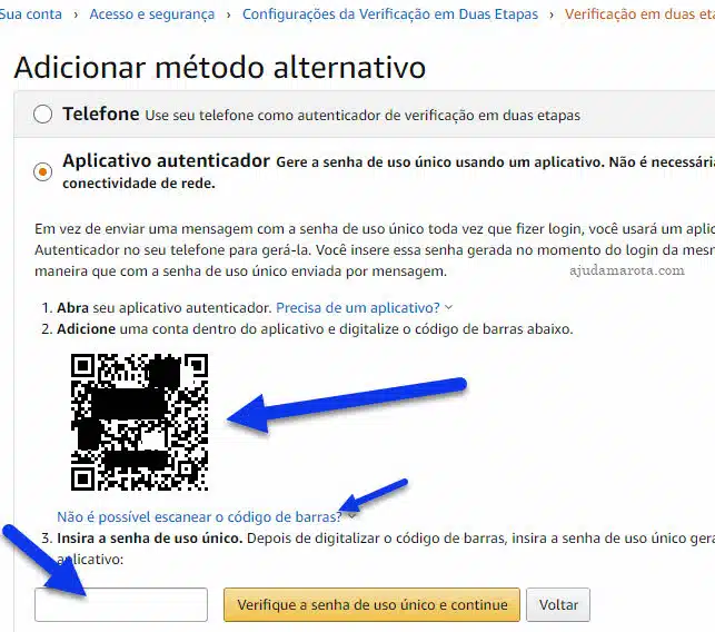 Adicionar aplicativo autenticador na conta Amazon para gerar códigos de segurança