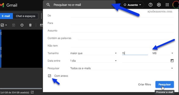 Pesquisar emails com anexo grande no Gmail para apagar
