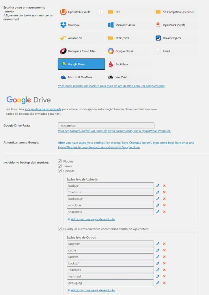 Backup de site no Google Drive