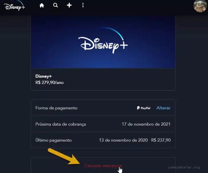 Procedimento para cancelar assinatura do Disney Plus pelo computador